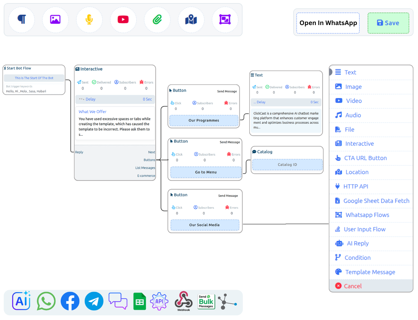 Image of ClickCast Chatbot Flow Builder and other features